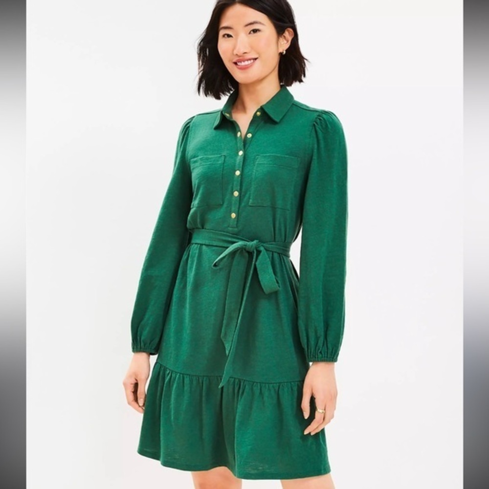 LOFT Green Bishop Sleeve Ruffled Shirt Dress